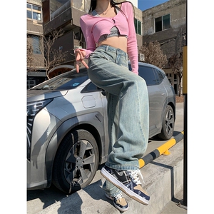 HS993辣妹风格个性装新款高品质拖地裤女阔腿牛仔裤高腰P65图片