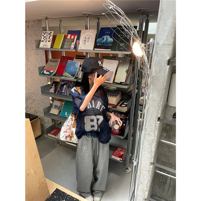 夏季藏青色87大网眼球衣美式街头复古印花球服短袖t恤男女夏季,男装T恤,星座506A
