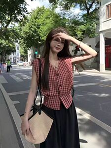 纯棉复古拼色v领衬衫设计感收腰单排扣上衣图片