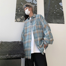 美式复古格纹长袖衬衫男2026春秋宽松休闲痞帅毛边格子衬衣外套潮，男装衬衫，星座505-2（原电商A260-1)