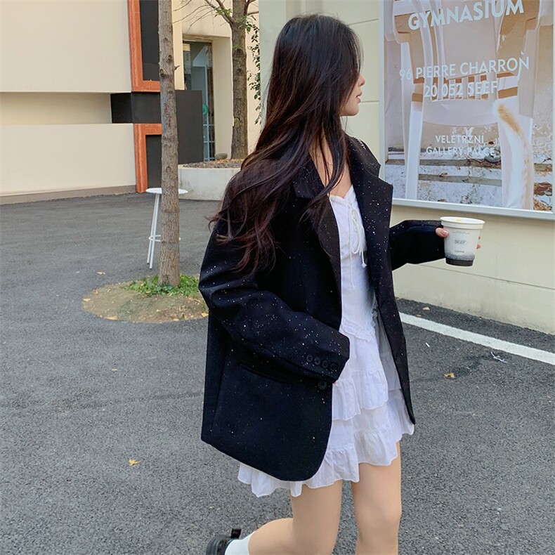 包袖老钱风常规款复古港风女西装黑色西服秋季休闲小香风气质网红,女装西装,2D080