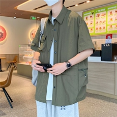 日系复古工装衬衫男短袖t恤夏季薄款半袖衬衣男tee百搭休闲上衣男，男装T恤，星座506A