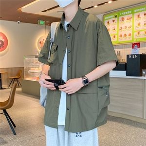 日系复古工装衬衫男短袖t恤夏季薄款半袖衬衣男tee百搭休闲上衣男图片