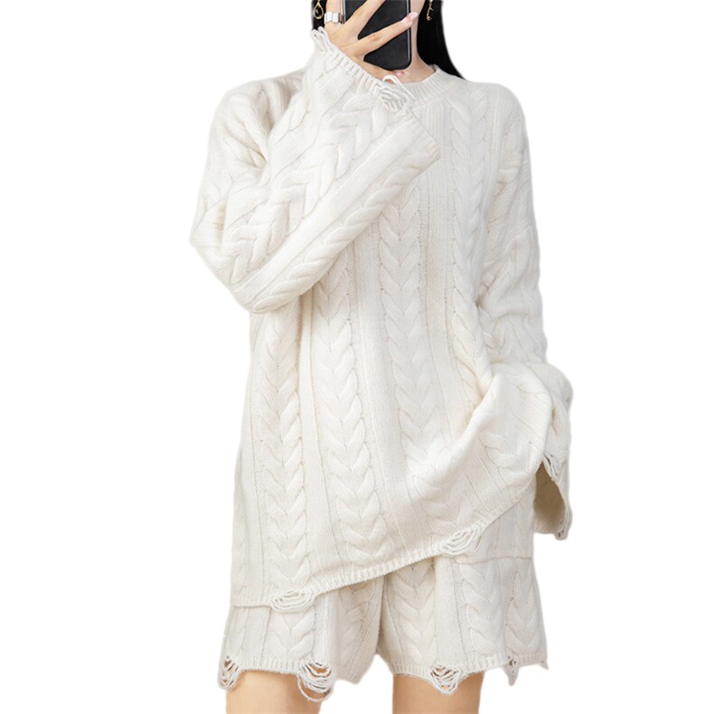 时尚秋季新款气质简约百搭潮流女士针织短裤套装,女装套装/套裙,悦玛羊绒