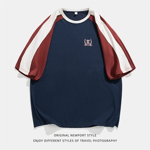 新港风 学院风短袖T恤男女款拼接美式复古印花体恤K1809-P40控68图片
