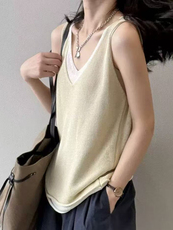 新款v领无袖吊带时尚百搭修身型，女装T恤，锦弘羊绒