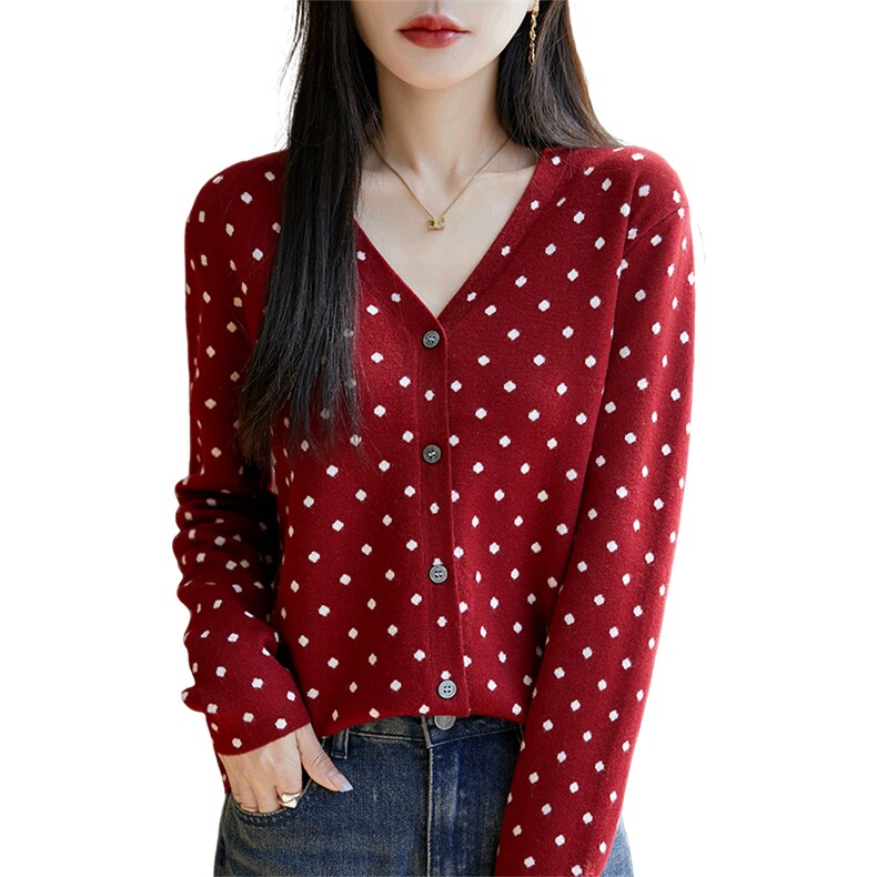 气质时尚百搭春款女士V领波点开衫长袖显瘦短袖针织衫软糯亲肤,针织衫/毛衣,暖烁羊绒