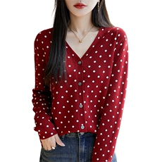 气质时尚百搭春款女士V领波点开衫长袖显瘦短袖针织衫软糯亲肤，女装针织衫/毛衣，暖烁羊绒