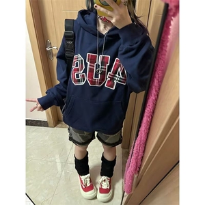 美式街头潮牌格子刺绣数字宽松套头连帽卫衣男女情侣帽衫WY852图片