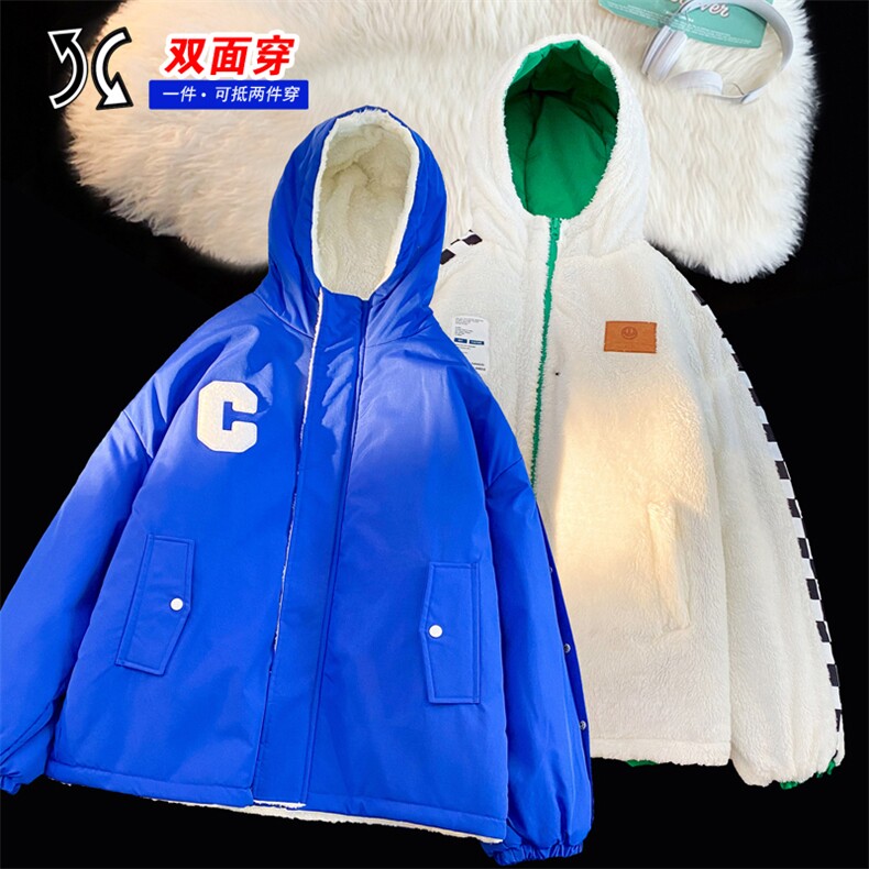 双面穿2023连帽两面加绒排扣棉衣男女棉服棉袄外套3328-P110控158图片