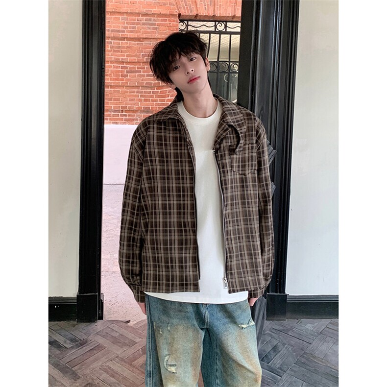 日系复古格子休闲衬衫男女同款潮流ins宽松衬衣HY712TP55，男装衬衫，电商A102B