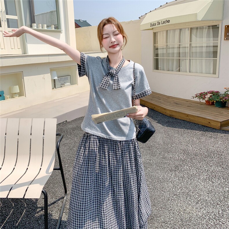 灰色气质减龄格纹拼接T恤半身裙套装两件套女夏学院风穿搭一整套,女装套装/套裙,2C135