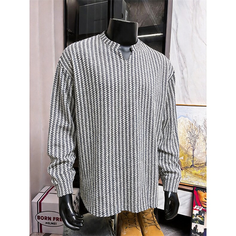 美式高街千鸟格子长袖T恤男女亨利V领英伦雅痞休闲宽松长袖打底衫，男装T恤，电商A443