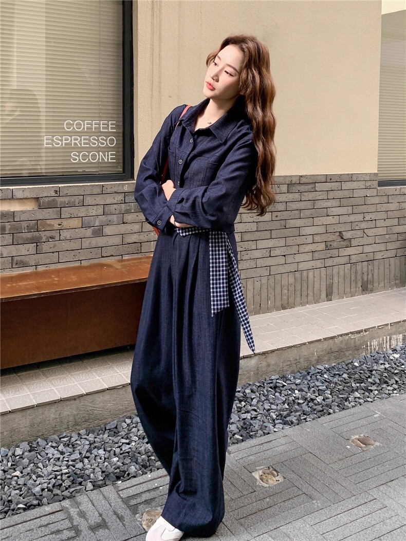 盐系轻熟御姐风套装深蓝色牛仔外套格子抹胸裤子三件套秋,女装套装/套裙,2C289