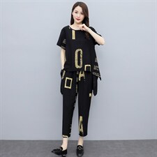 现货2026夏季新款时尚优雅气质纯色印花圆领舒适两件套大码套装，女装套装/套裙，尚洛菲