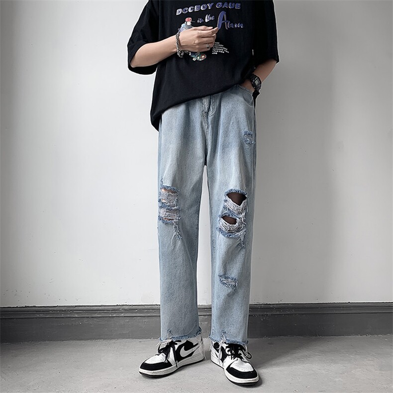 新款破洞牛仔裤男hiphop炸街裤子高街潮夏季薄款直筒裤 K898-P35图片