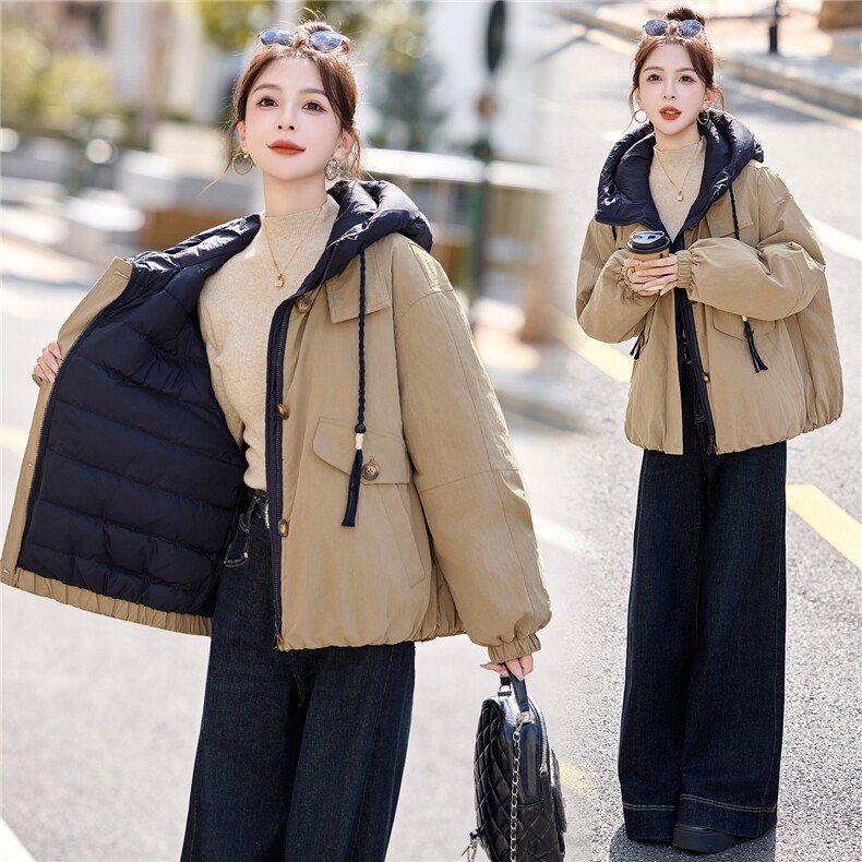 90白鸭绒宽松大版休闲拼接工装派克假两件连帽羽绒服,女装羽绒服,采品优优