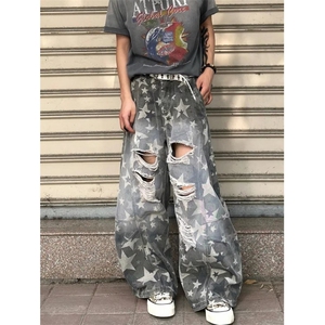 星星印花破洞牛仔裤男女夏季高腰宽松显瘦直筒拖地阔腿裤 NZ7026图片
