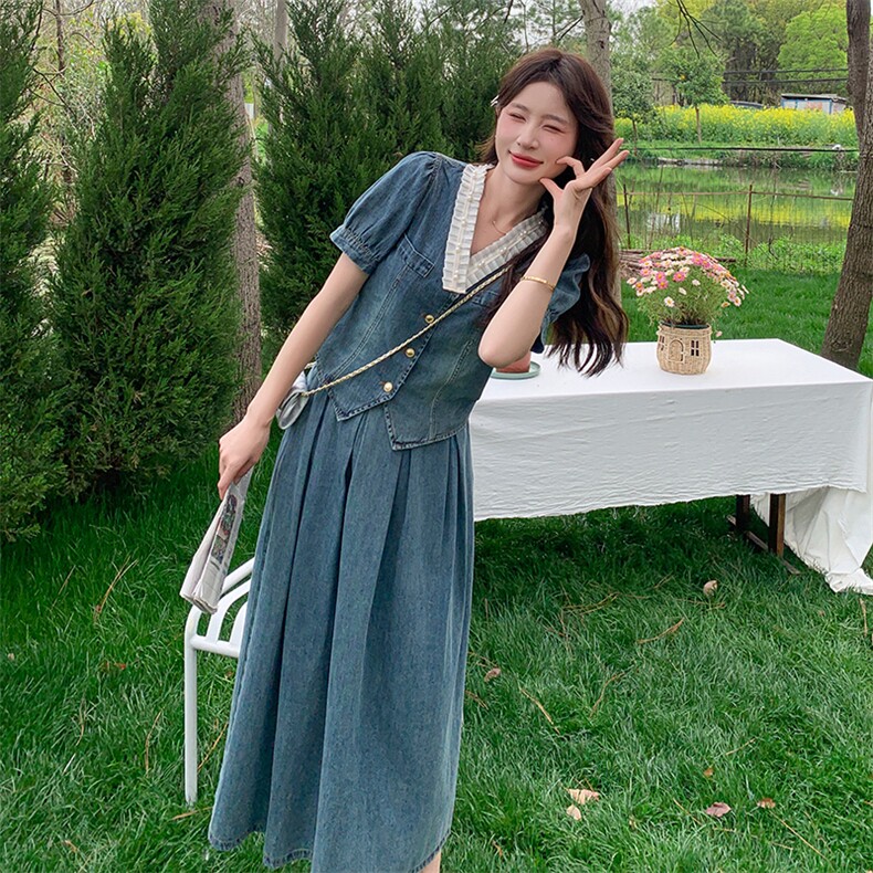 时尚韩系牛仔裙女2025年夏季新款泡泡袖v领上衣半身裙,女装连衣裙,维壹