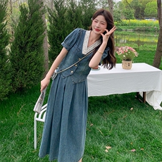 时尚韩系牛仔裙女2025年夏季新款泡泡袖v领上衣半身裙，女装连衣裙，维壹