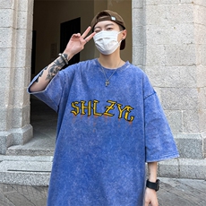 B239-1162-P38创意字母印花复古水洗做旧半袖重磅短袖T恤美式，男装T恤，星座514-2(原B239)