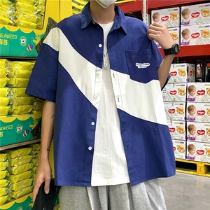 简约拼色短袖衬衫男生夏季宽松休闲潮流拼接半袖上衣CS4028图片