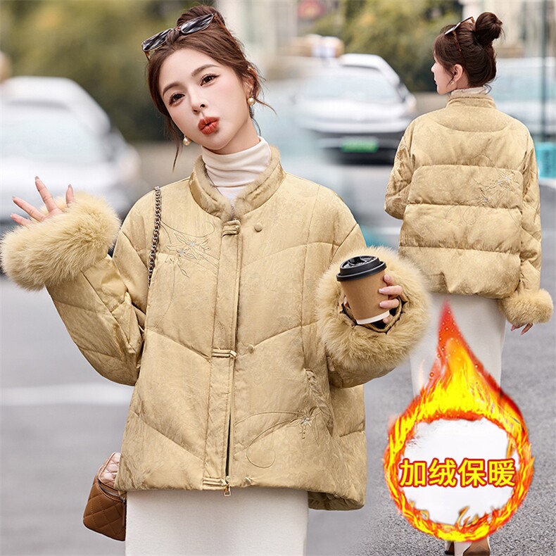 新中式立领羽绒服女2025冬季新款巨好看刺绣大毛领白鸭绒外套,女装羽绒服,丽影随形