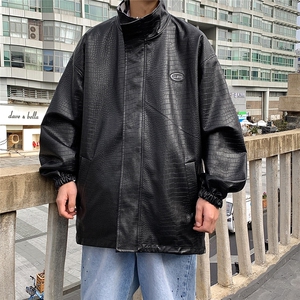 1港风两面穿大码M-5XL格子PU皮鳄鱼纹皮衣夹克男JK8753P110控149图片