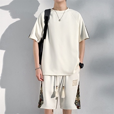 夏季落肩袖休闲运动套装男刺绣拼接两件套T恤潮A266-TZ9958-P50，男装T恤，电商A266