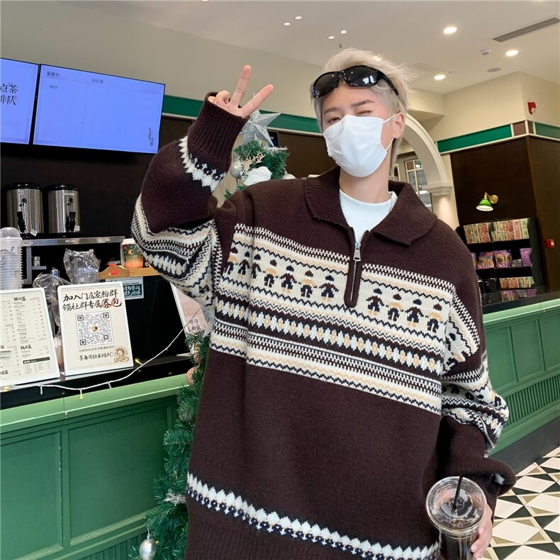 复古提花翻领针织衫毛衣百搭拉链套头情侣厚冬季,男装针织衫/毛衣,星座716-3