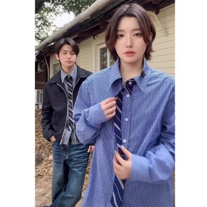 【有货】DB418-P40春夏美式蓝色格子撞色假领带长袖衬衫百搭衬衣图片