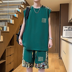 夏季背心短裤两件套拼接套装男刺绣休闲运动套装A266-TZ2208-P46，男装牛仔裤，电商A266