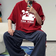 抖音得物高品质二开240克宽松纯棉美式潮牌三条杠织带短袖T恤，男装T恤，电商A486-1