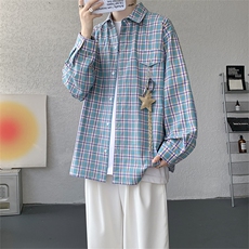 粉色多巴胺格子长袖衬衫男秋季美式潮牌高街格纹衬衣重磅正肩外套，男装T恤，电商A059