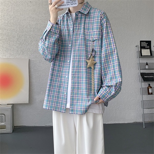 粉色多巴胺格子长袖衬衫男秋季美式潮牌高街格纹衬衣重磅正肩外套图片