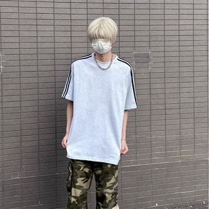 抖音得物高品质二开240克宽松纯棉美式潮牌三条杠织带短袖T恤图片