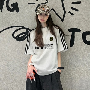 抖音得物高品质二开240克宽松纯棉美式潮牌三条杠织带短袖T恤图片