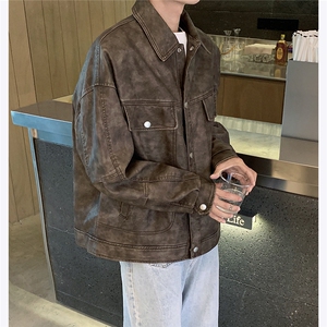 主推 复古水洗做旧重磅美式皮夹克秋冬季外套男潮流翻领皮衣 P155图片