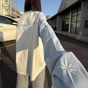 2026新款美式高街字母刺绣正肩长袖t恤女设计感小众情侣潮牌上衣图片