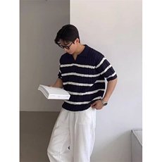 夏季白色翻领Polo衫条纹日系针织衫男短袖上衣T恤衫宽松TB283，男装Polo衫，星座1116A-2（原606A-1）