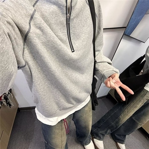 春秋新款肌理立领半拉链卫衣男高档潮流宽松百搭重磅休闲长袖上衣图片