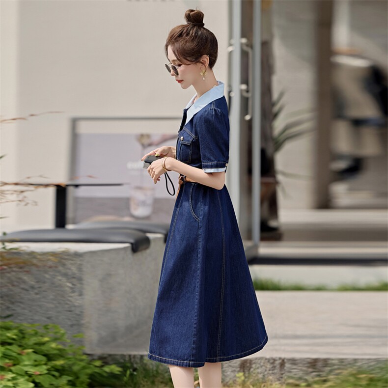 夏季短袖牛仔连衣裙女2025新款时尚洋气休闲超好看撞色拼接衬衫裙,女装连衣裙,靓星雨