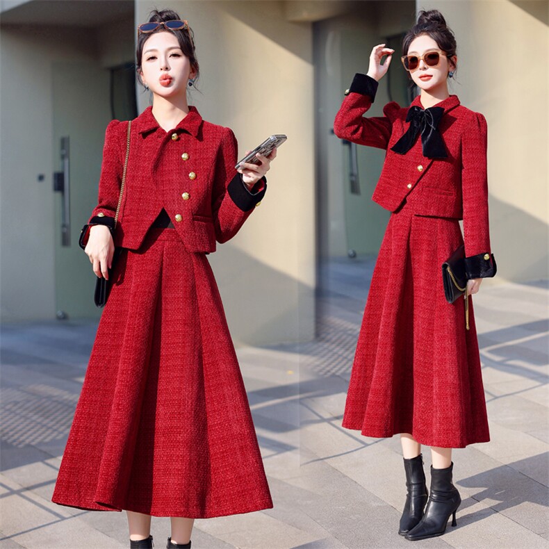 小香风秋冬羊毛呢气质高端两件套装敬酒服新娘回门服订婚礼服，女装套装/套裙，意芙