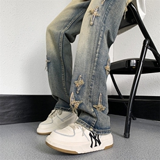 高街ins美式复古牛仔裤男士潮牌痞帅直筒裤N01456-P45，男装牛仔裤，星座308B-1