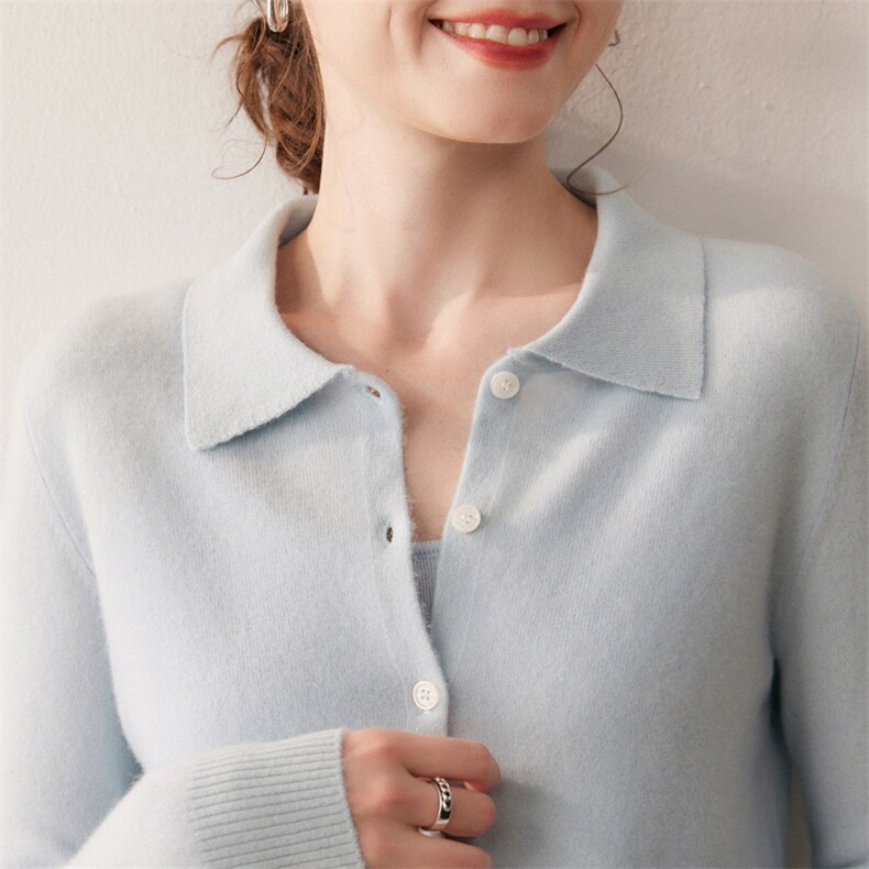 HE|基础美知性baby山羊绒针织开衫女polo领毛衣宽松衬衣领外套,针织衫/毛衣,朵沐纯羊绒