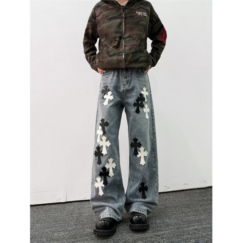 2025春季重工贴皮十字架刺绣拖地阔腿直筒牛仔裤男宽松轻奢长裤子，男装皮裤，四季星座505
