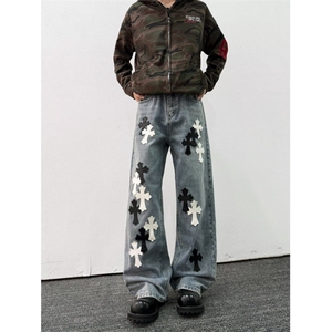 2025春季重工贴皮十字架刺绣拖地阔腿直筒牛仔裤男宽松轻奢长裤子,男装皮裤,四季星座505