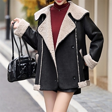 大翻领皮毛一体外套女冬季2024新款高级感宽松加厚保暖羊羔毛棉服，女装羊羔毛/颗粒绒，江南女神