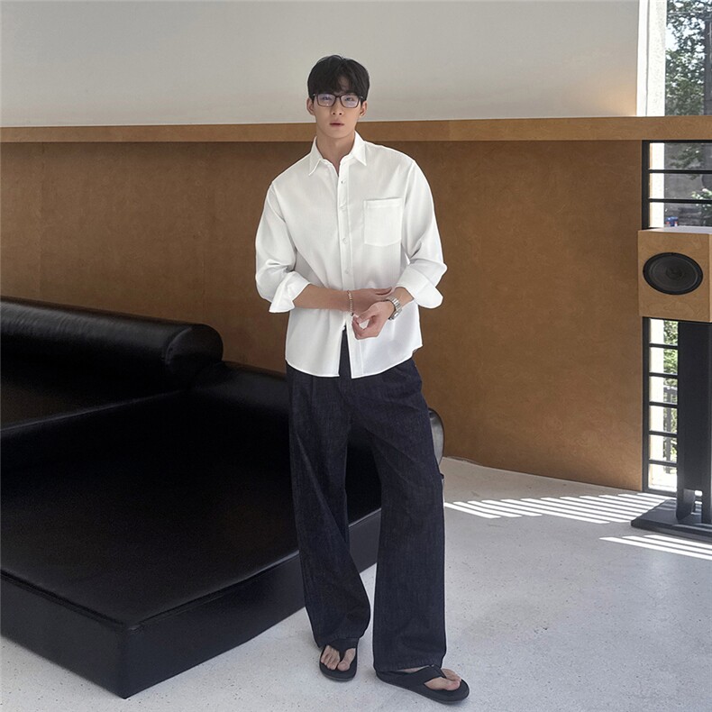 cleanfit皱褶面料男士宽松休闲衬衫白色S145/P55,男装衬衫,电商A242