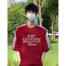 抖音得物高品质二开240克宽松纯棉美式潮牌三条杠织带短袖T恤，男装T恤，电商A486-1